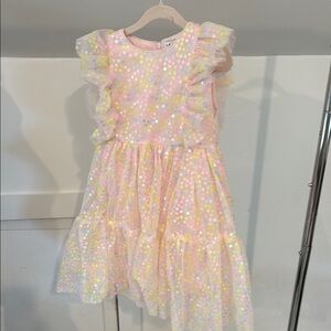 Lola + the Boys Pink and Yellow Sequin Ruffle Dress